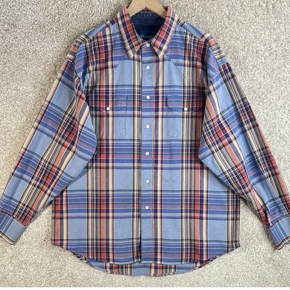 Wrangler Western‎ Shirt Mens XL Blue Plaid Pearl Snap Long Sleeve MG2001M